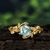 Luxury Nature-Inspired 6 Prong Hexagonal Natural Moss Agate Engagement Ring